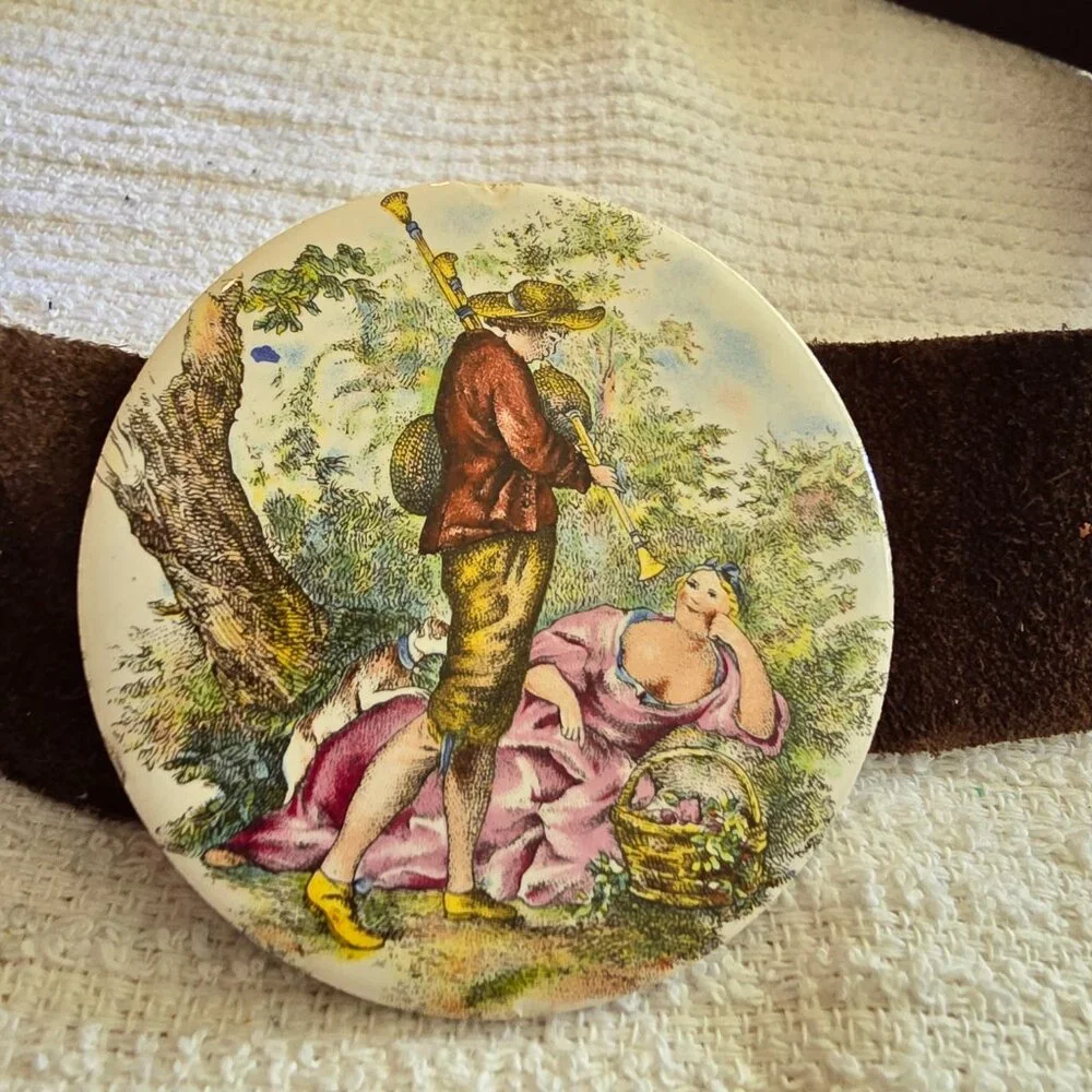 Vintage Sueded Belt with Victorian Romantic Couple Depiction Buckle - Picture 2 of 6